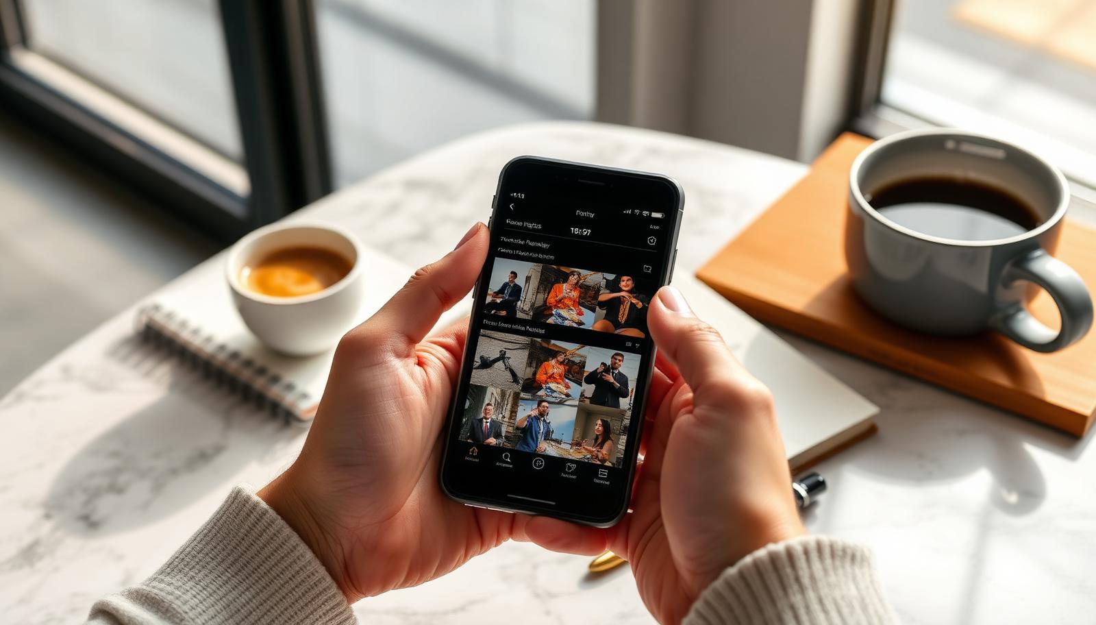 Hands holding a phone showing a social media content grid