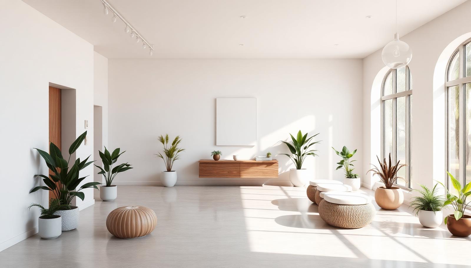Bright, minimal wellness spa interior with plants and natural light
