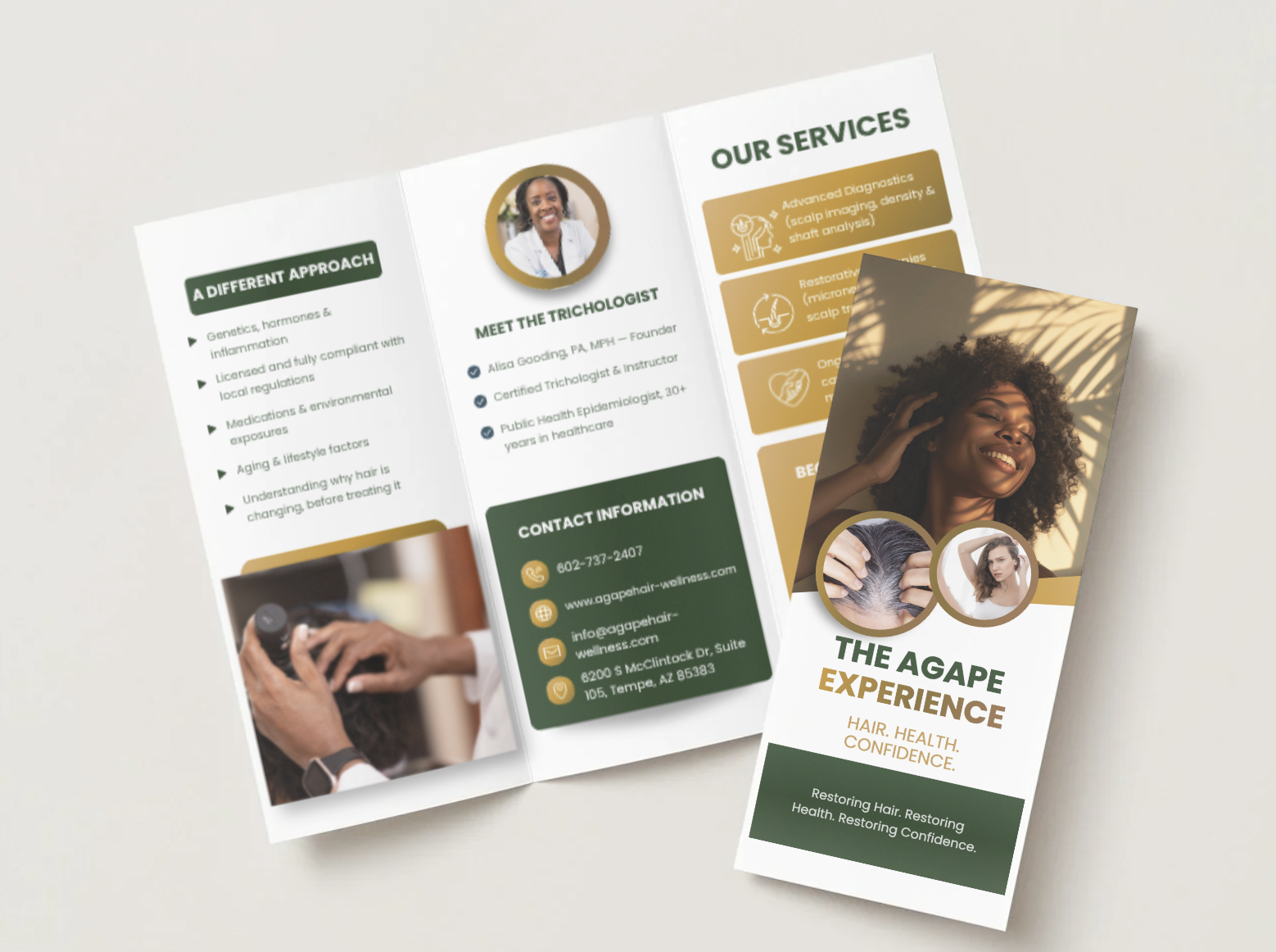 Agape brochure printed pieces arranged on a neutral surface
