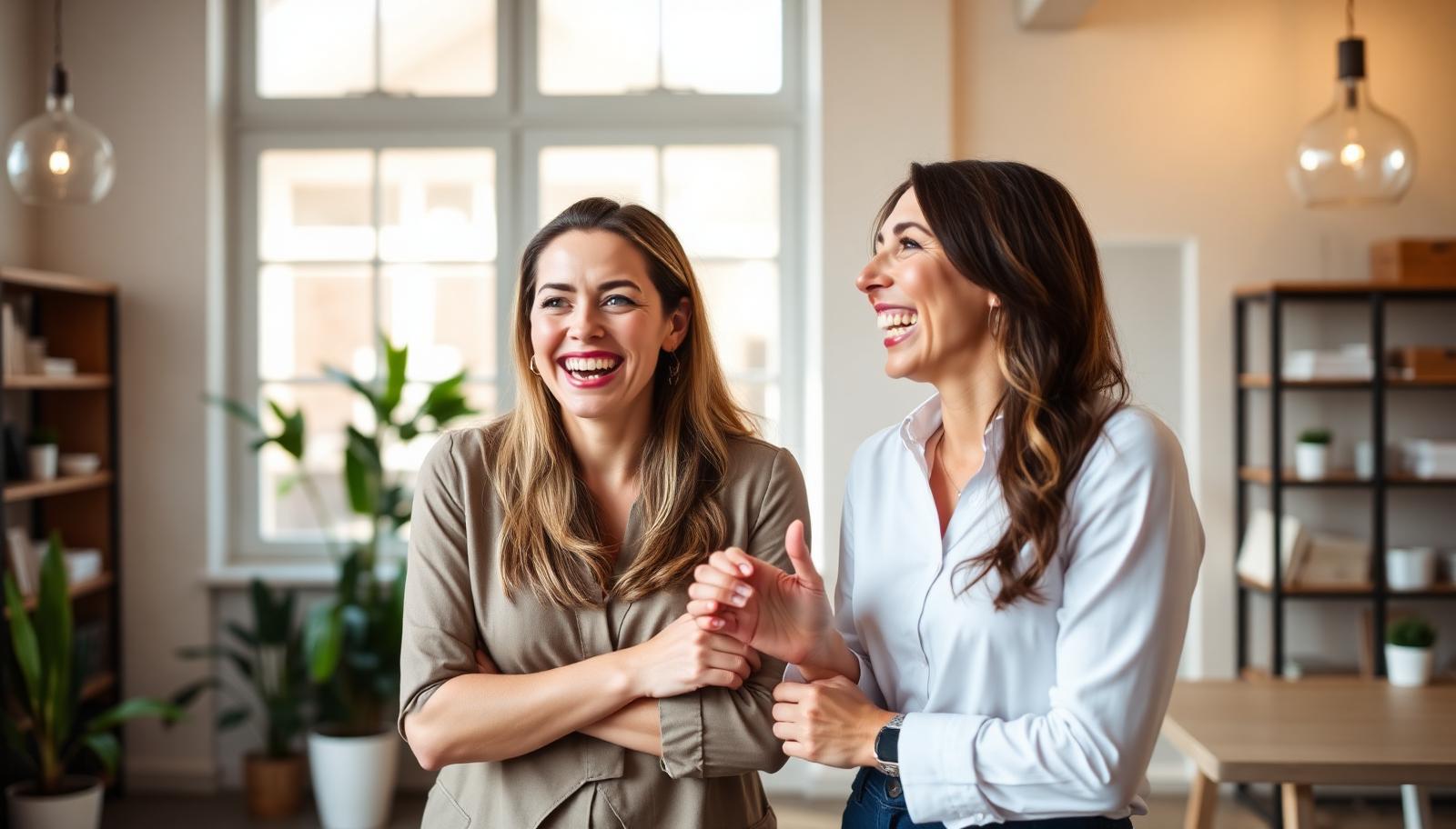 Two women entrepreneurs laughing together in a bright office