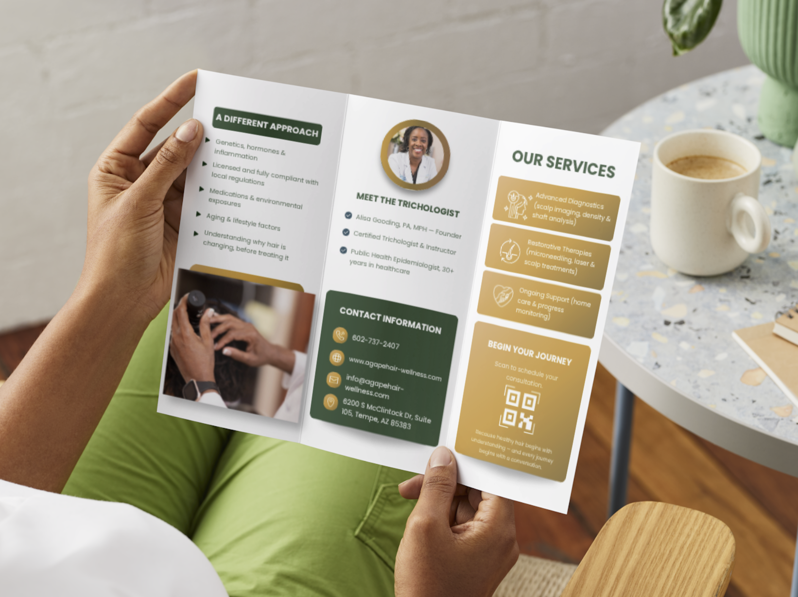 Close-up of the Agape brochure services and QR code panel