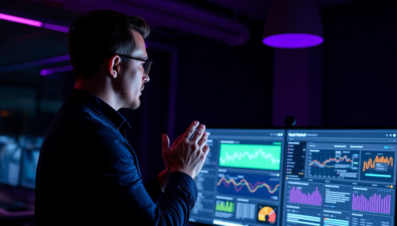 Marketer reviewing an AI analytics dashboard on a large monitor