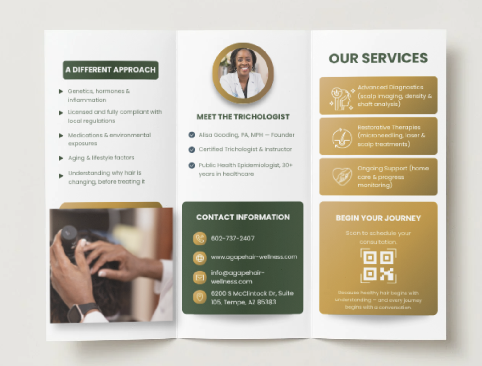 Agape brochure outside panels with services and contact information