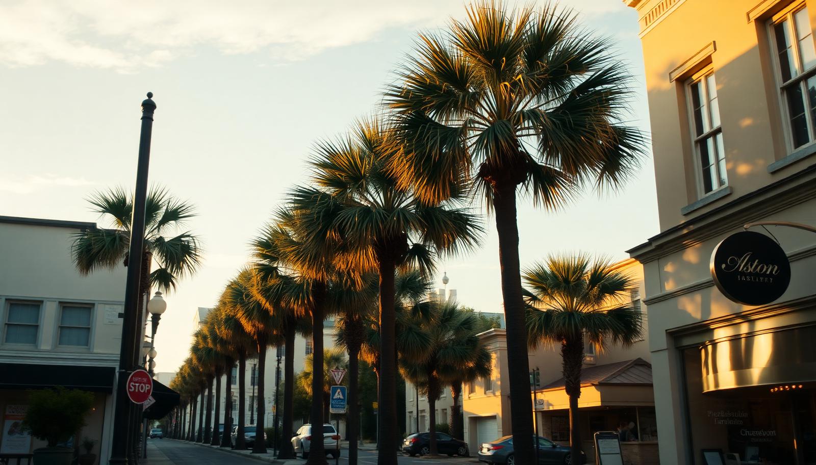 Palmetto-lined street of small businesses in downtown Charleston at golden hour