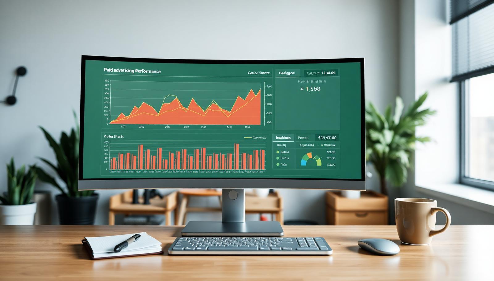 Paid advertising performance charts displayed on a widescreen monitor