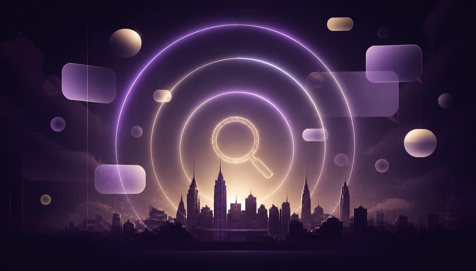 Abstract illustration of search rings and AI answer bubbles above a city skyline