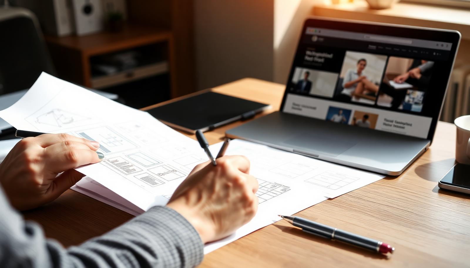 Designer sketching website wireframes beside a laptop