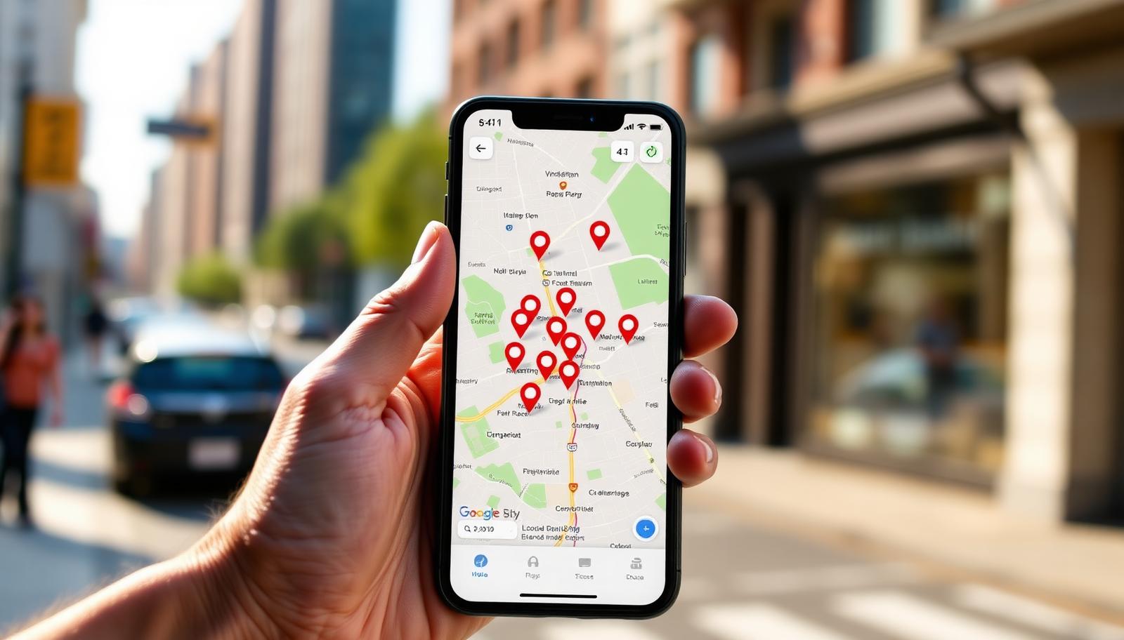 Phone showing a map with local business pins on a city street
