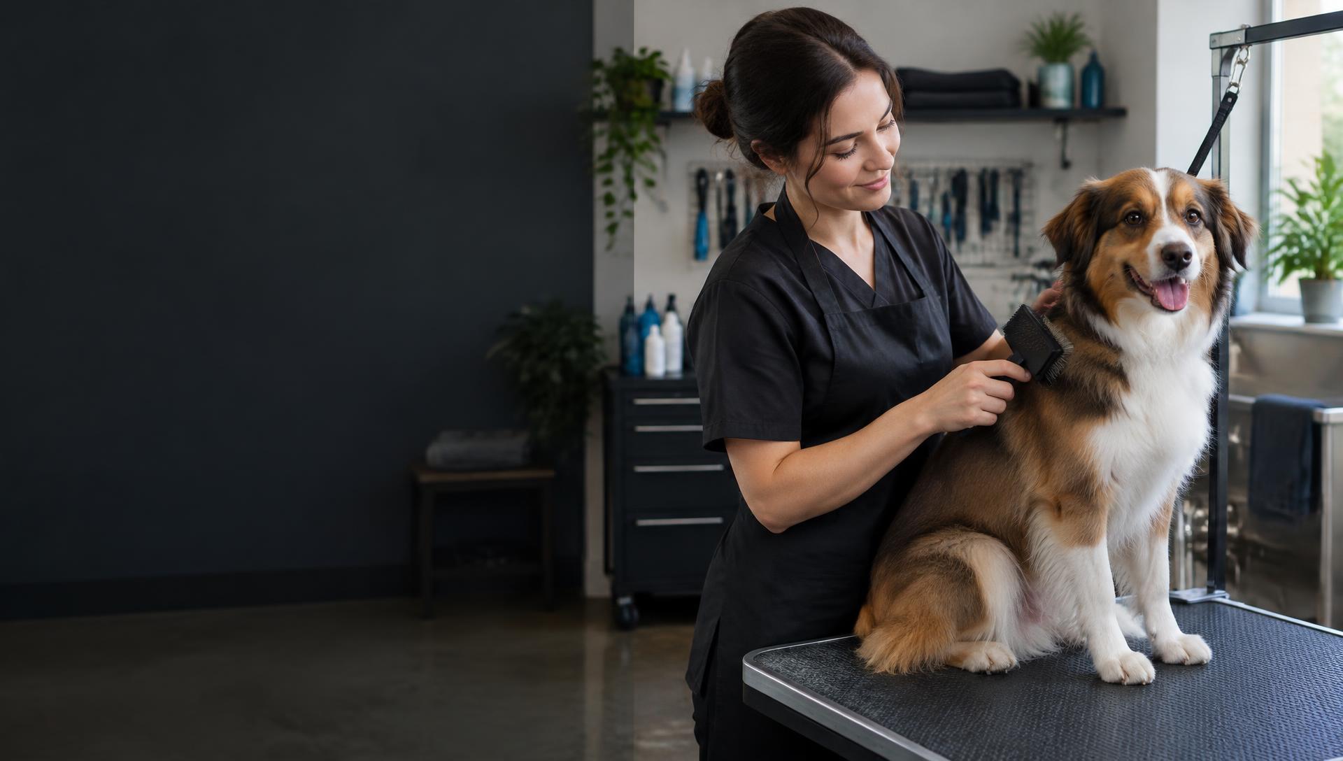 Professional dog groomers team at work